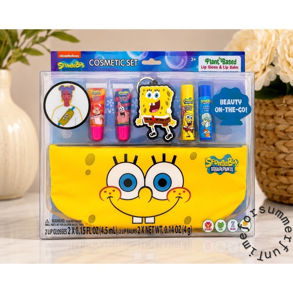 Nickelodeon SpongeBob SquarePants Cosmetic Set Lip Gloss Balm Bag Keychain NEW